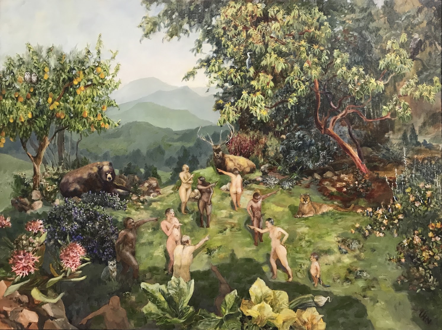 Garden of Eden - Painting by UTN, Figures in the natural world communicating or accusing each other.