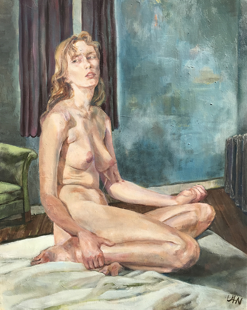 Hurt - Painting by UTN, Woman sitting on a bed with an almost blank look out of place