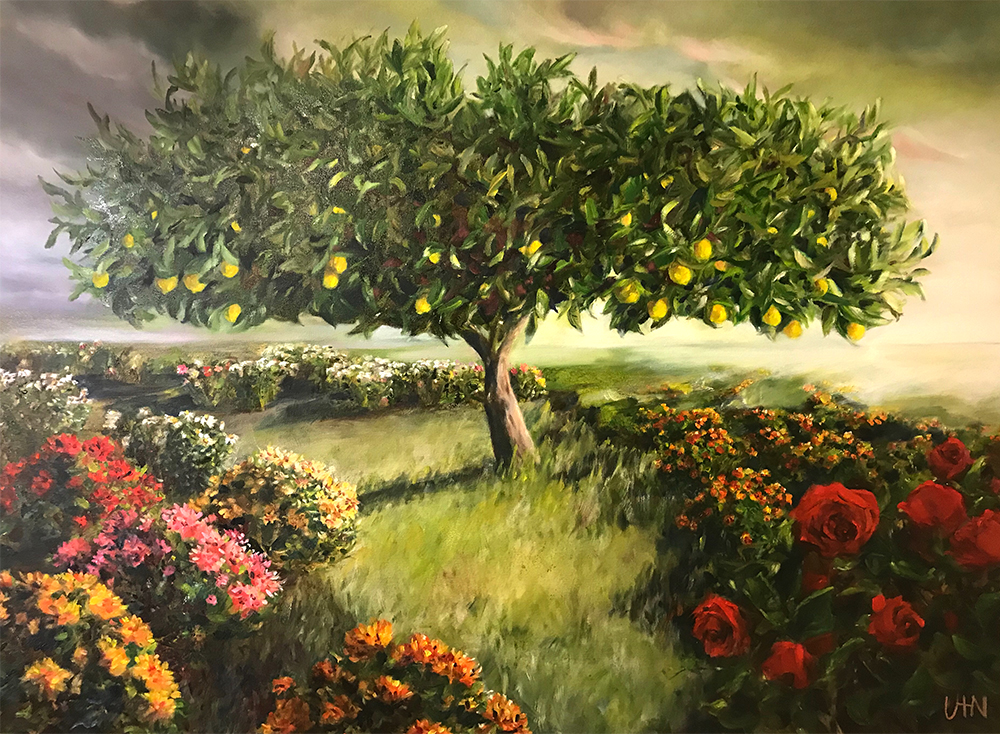 The Family Tree - Painting by UTN, a large meyer lemon tree surrounded by colorful floral bushes and plants at sunrise